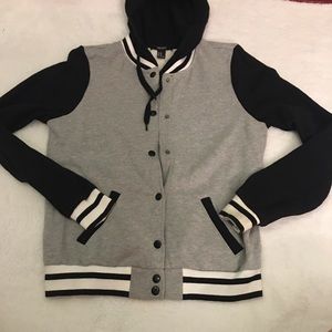 Gray “letterman” looking bomber jacket